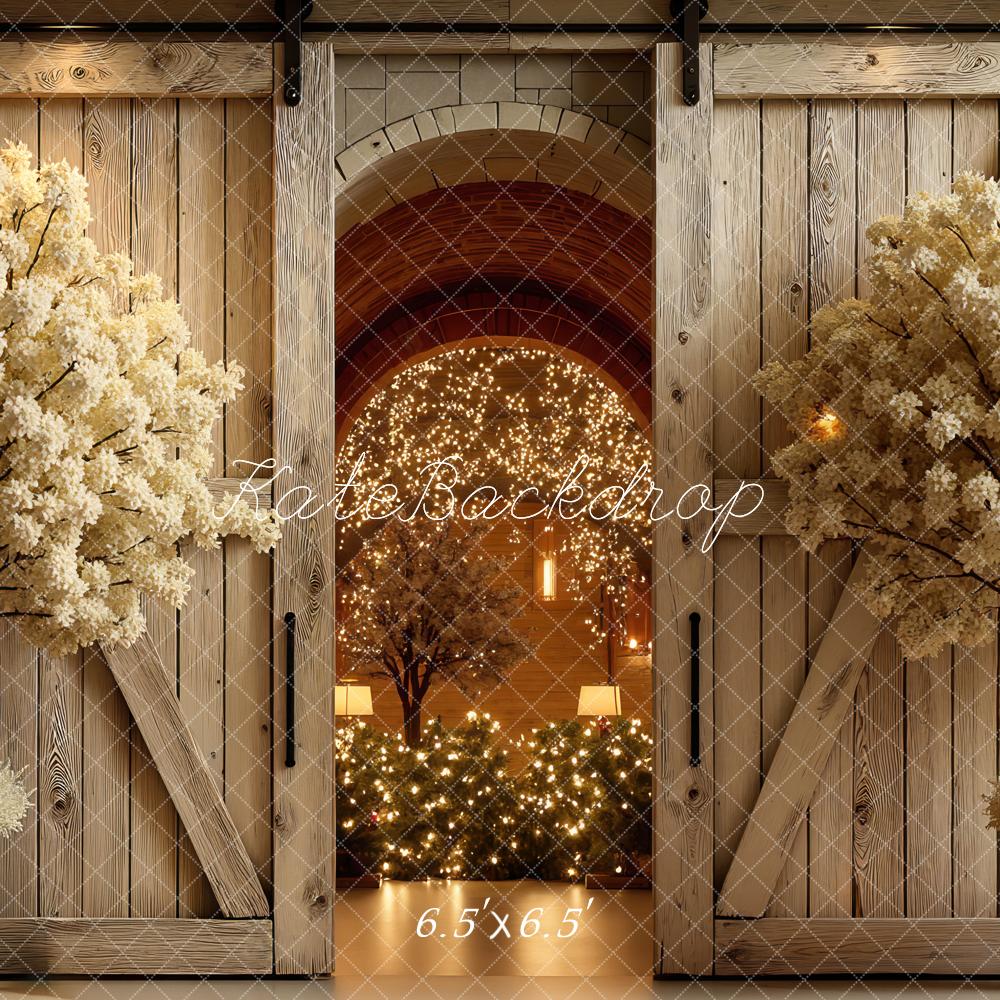 Kate Spring Flower Arch Wooden Doors Warm Lights Printed Backdrop Designed by Mini MakeBelieve