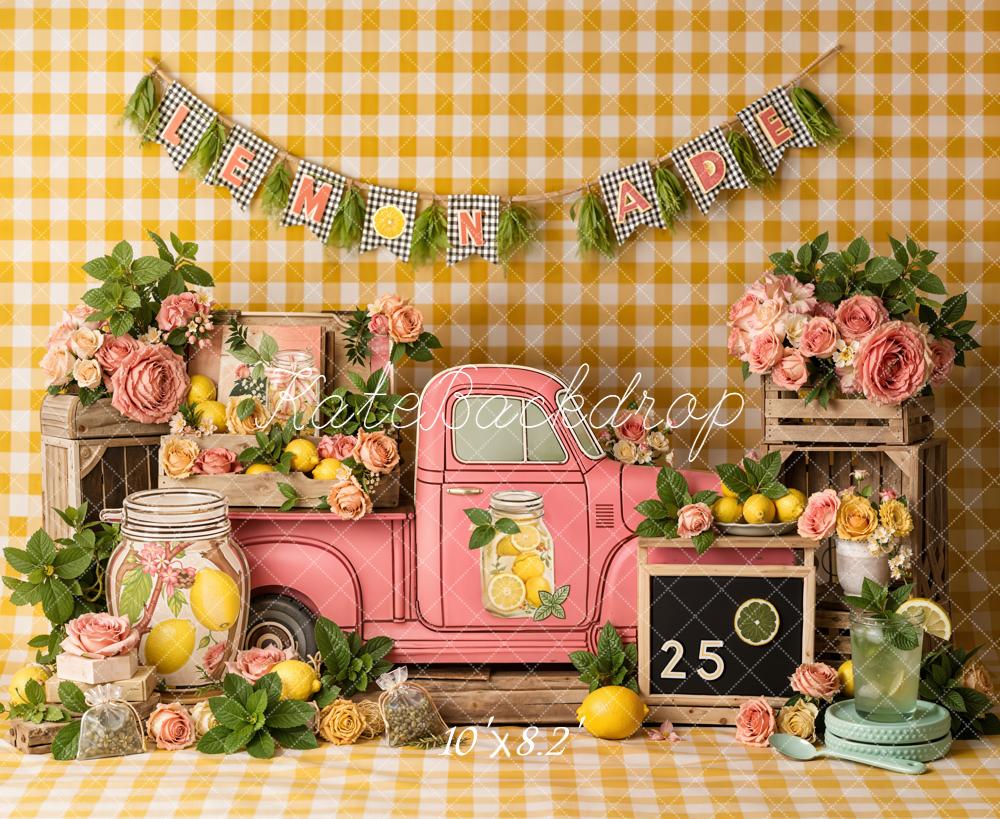 Kate Summer Lemonade Pink Truck Yellow Plaid Flowers Printed Backdrop Designed by Emetselch