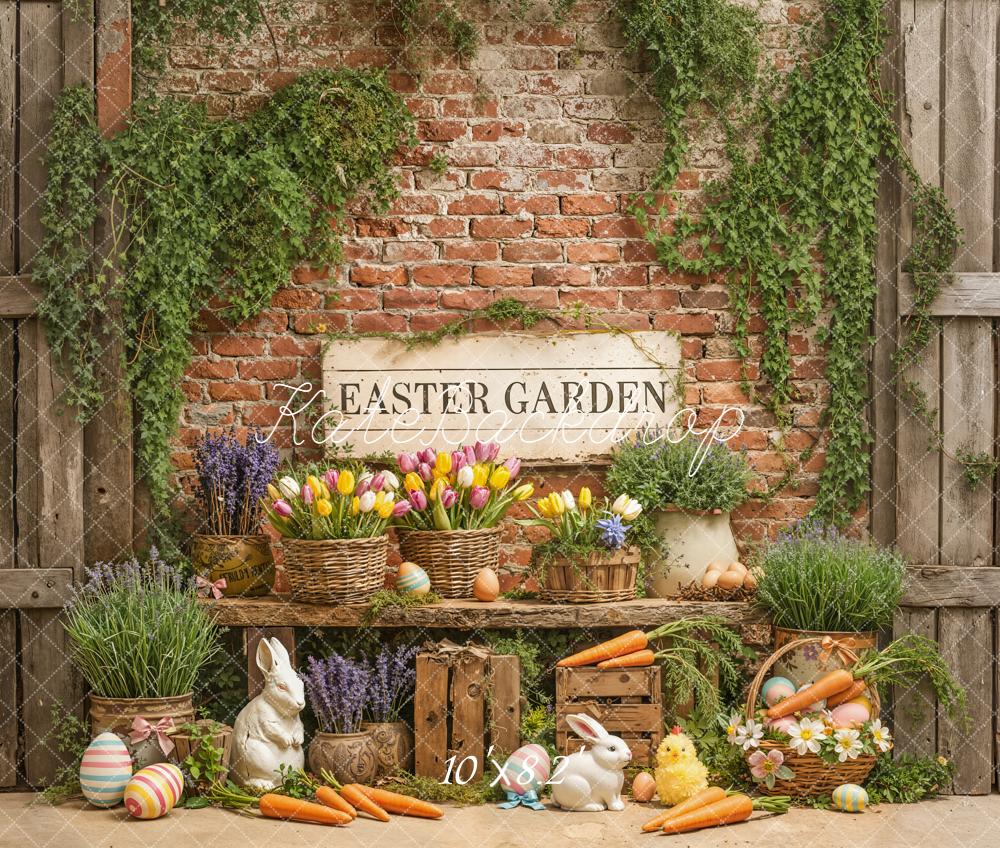 Kate Easter Bunny Flowers Greenery Vintage Brick Wall Backdrop Designed by Emetselch