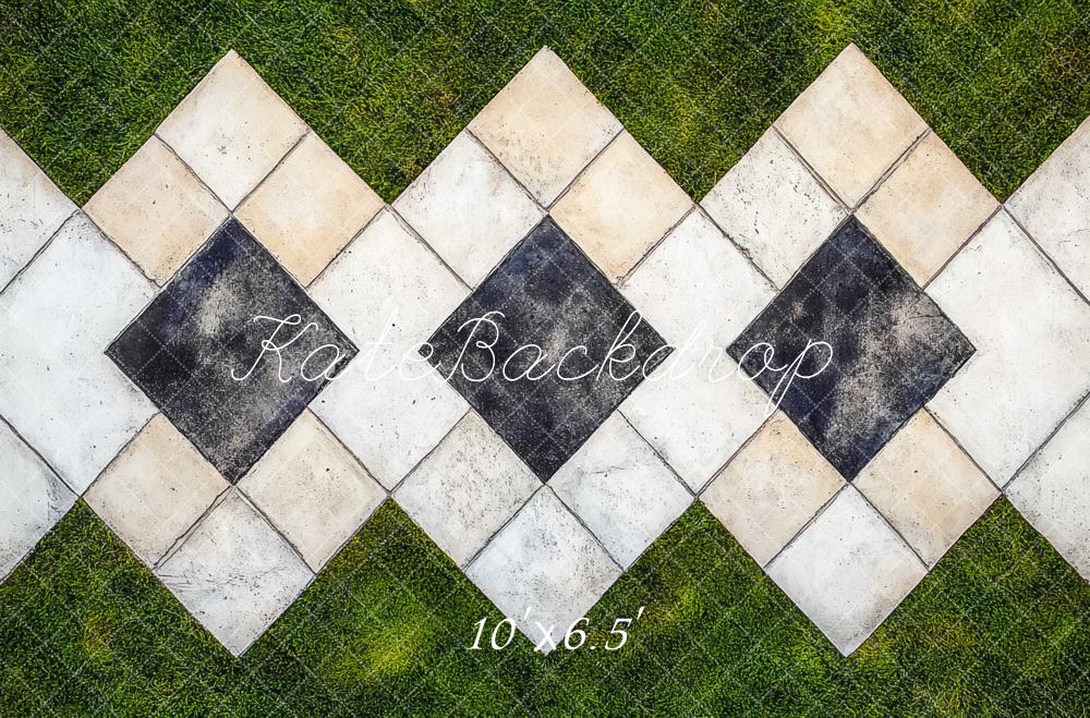 Kate Checkered Tile Green Grass Floor Backdrop Designed by Mini MakeBelieve