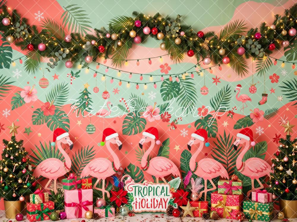 Kate Christmas Tropical Flamingo Garland Gift Boxes Printed Backdrop Designed by Patty Roberts