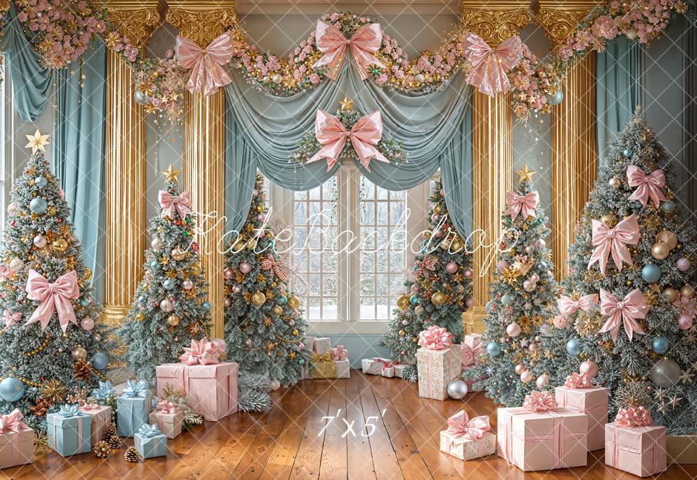 Kate Christmas Trees Pink Bow Blue Gold Presents Garland Backdrop Designed by Emetselch
