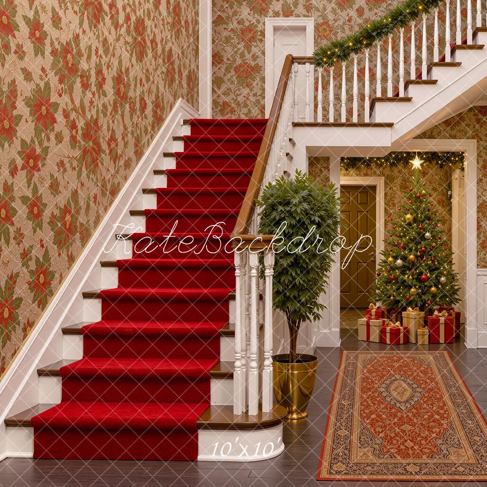 Kate Christmas Staircase Vintage Red Christmas Tree Printed Backdrop Designed by Shutter Swan Studios