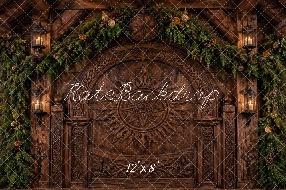 Kate Christmas Celtic Solstice Woodwork Rustic Wooden Door Pine Garland Printed Backdrop Designed by Vertigo Productions