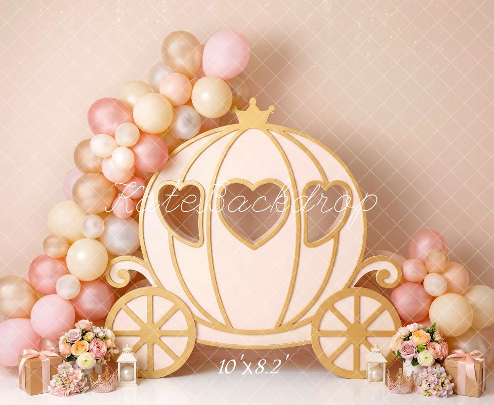 Kate Fairy Fantasy Carriage Pink Balloons Flowers Printed Backdrop Designed by Patty Roberts