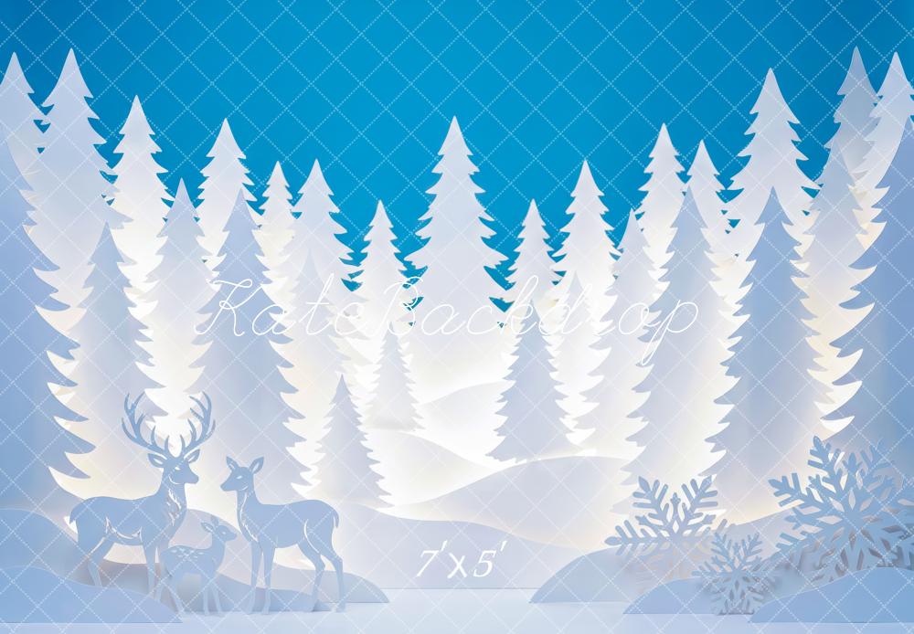 Kate Winter Blue Snowy Forest Paper Silhouettes Deer Snowflakes Printed Backdrop Designed by Patty Roberts