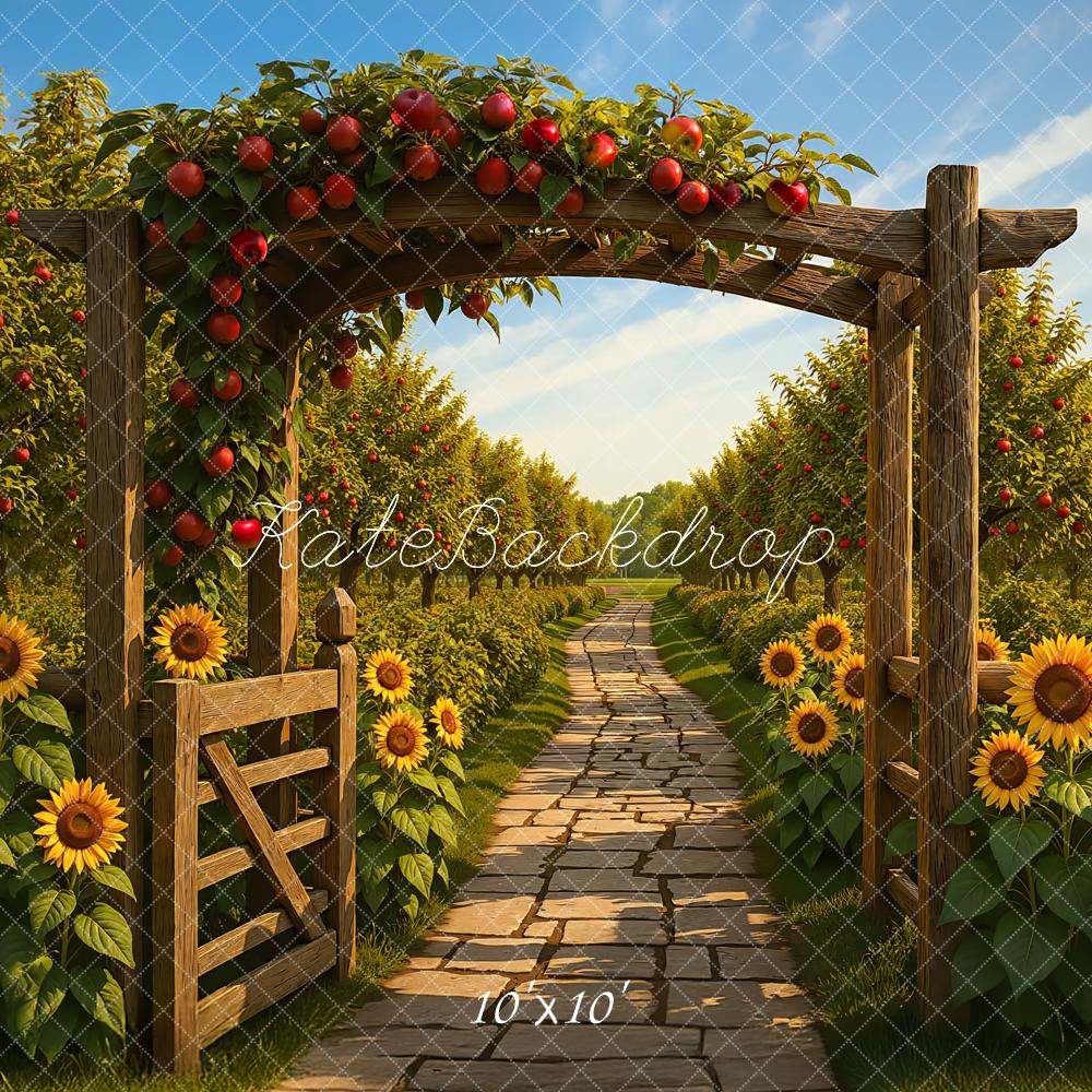 Kate Fall Orchard Wooden Arch Sunflowers Path Backdrop Designed by Mini MakeBelieve