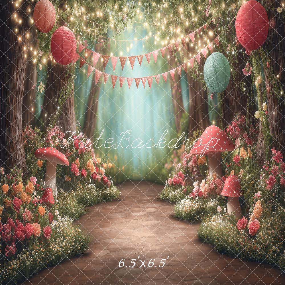 Kate Fairy Whimsy Forest Mushrooms Lanterns Flowers Printed Backdrop Designed by Angela Miller