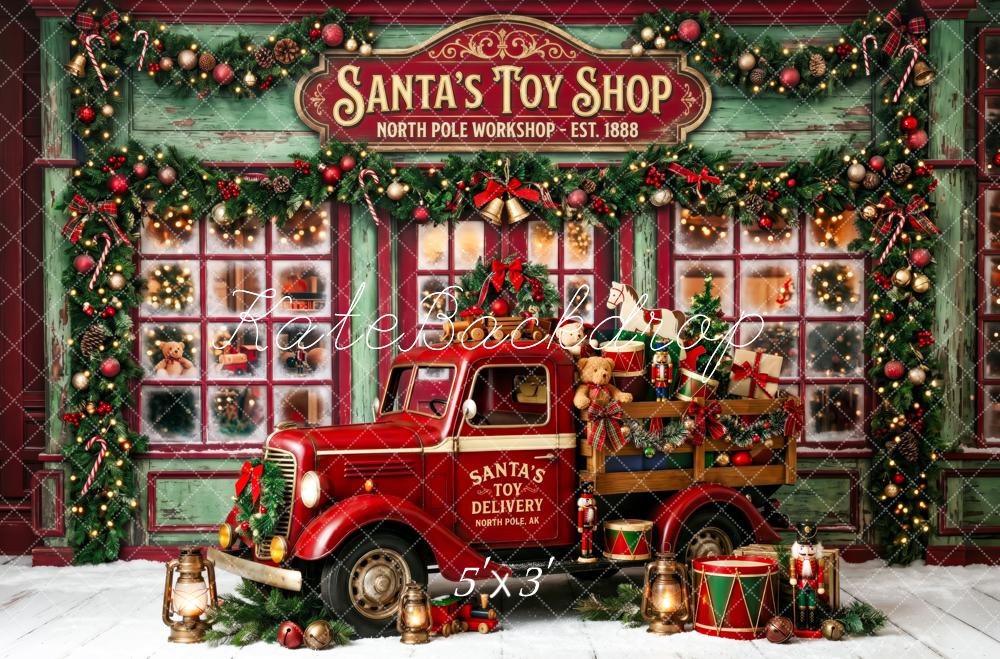 Kate Christmas Truck Santa's Toy Shop Garland Gifts Printed Backdrop Designed by Patty Roberts