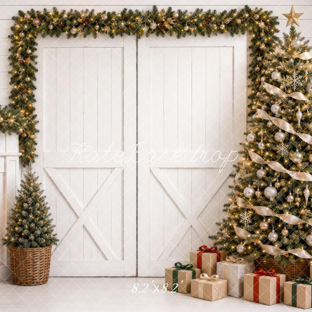 Kate Christmas White Barn Doors Fireplace Tree Gifts Printed Backdrop Designed by Shutter Swan Studios
