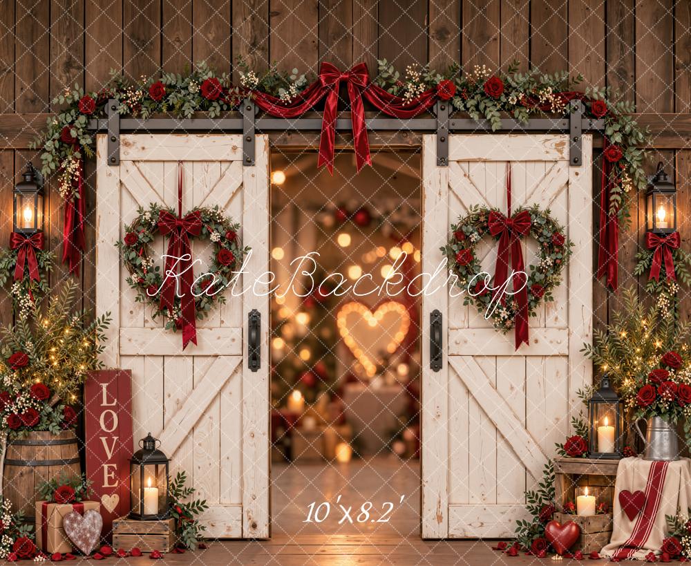 Kate Valentine's Day Rustic Barn Doors Roses Heart Wreath Printed Backdrop Designed by Emetselch