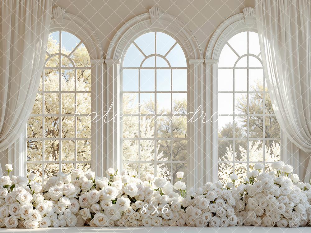 Kate Spring White Roses Floral Arch Large Windows Printed Backdrop Designed by Mini MakeBelieve