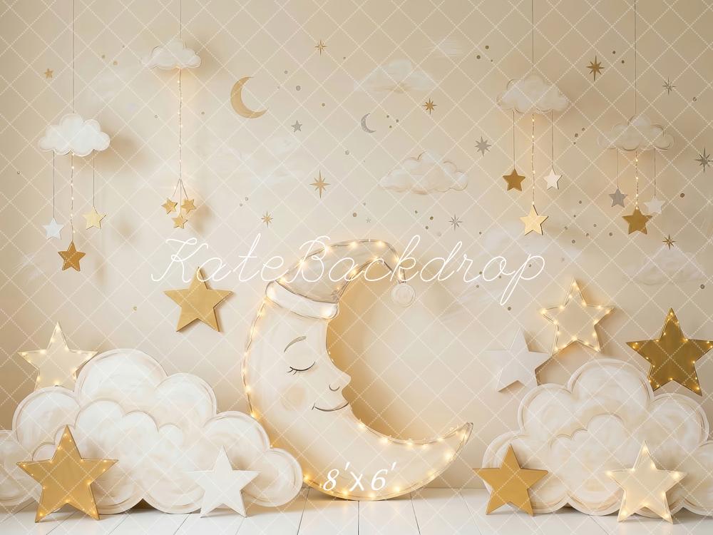 Kate Cake Smash Crescent Moon Clouds Gold Stars Printed Backdrop Designed by Patty Roberts