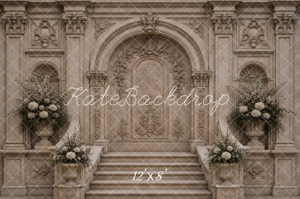 Kate Retro Architecture Cascading Stairs Beige Arch Floral Printed Backdrop Designed by Vertigo Productions
