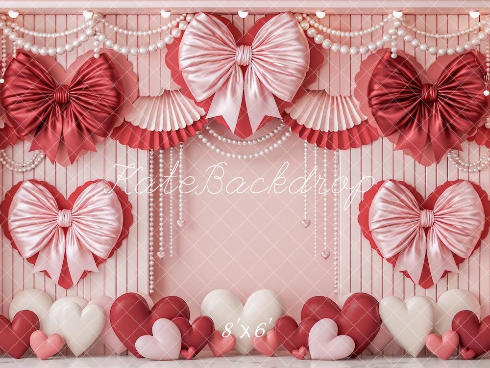 Kate Valentine's Day Pink Heart Satin Bows Pearls Printed Backdrop Designed by Angela Miller