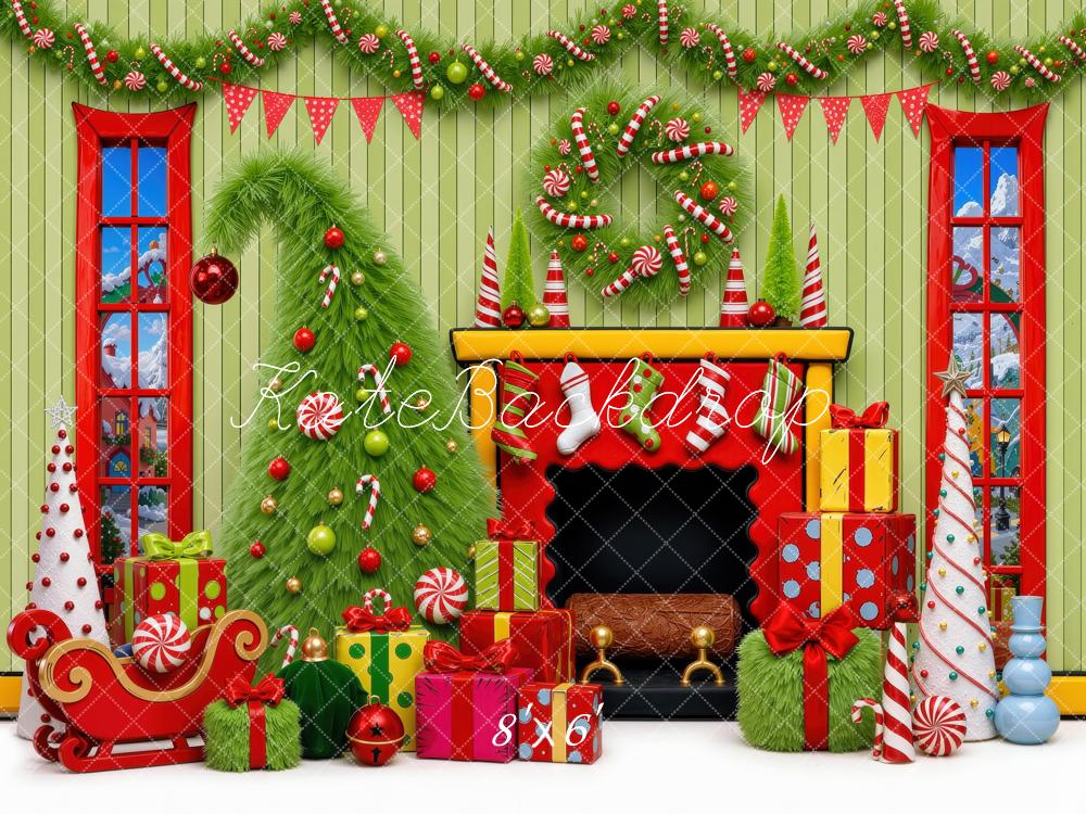 Kate Christmas Fireplace Tree Whoville Presents Candy Cane Printed Backdrop Designed by Mini MakeBelieve