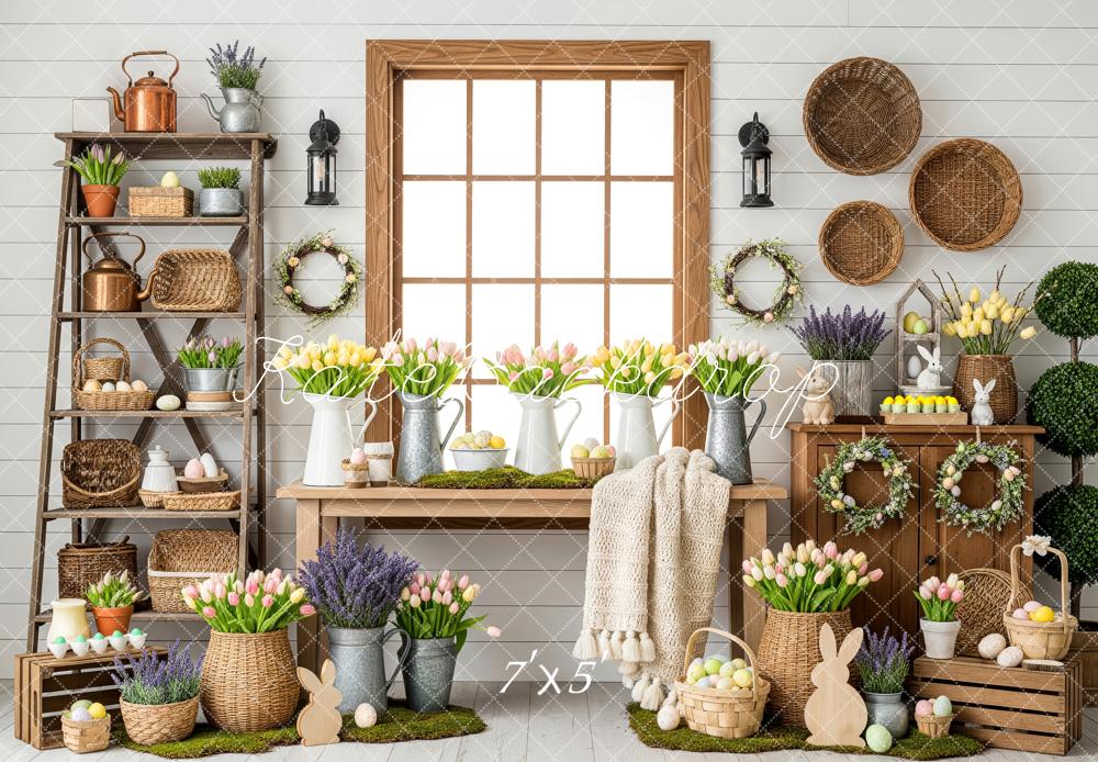 Kate Easter Bunny Flowers Tulips Baskets Pastel Eggs Printed Backdrop Designed by Patty Roberts