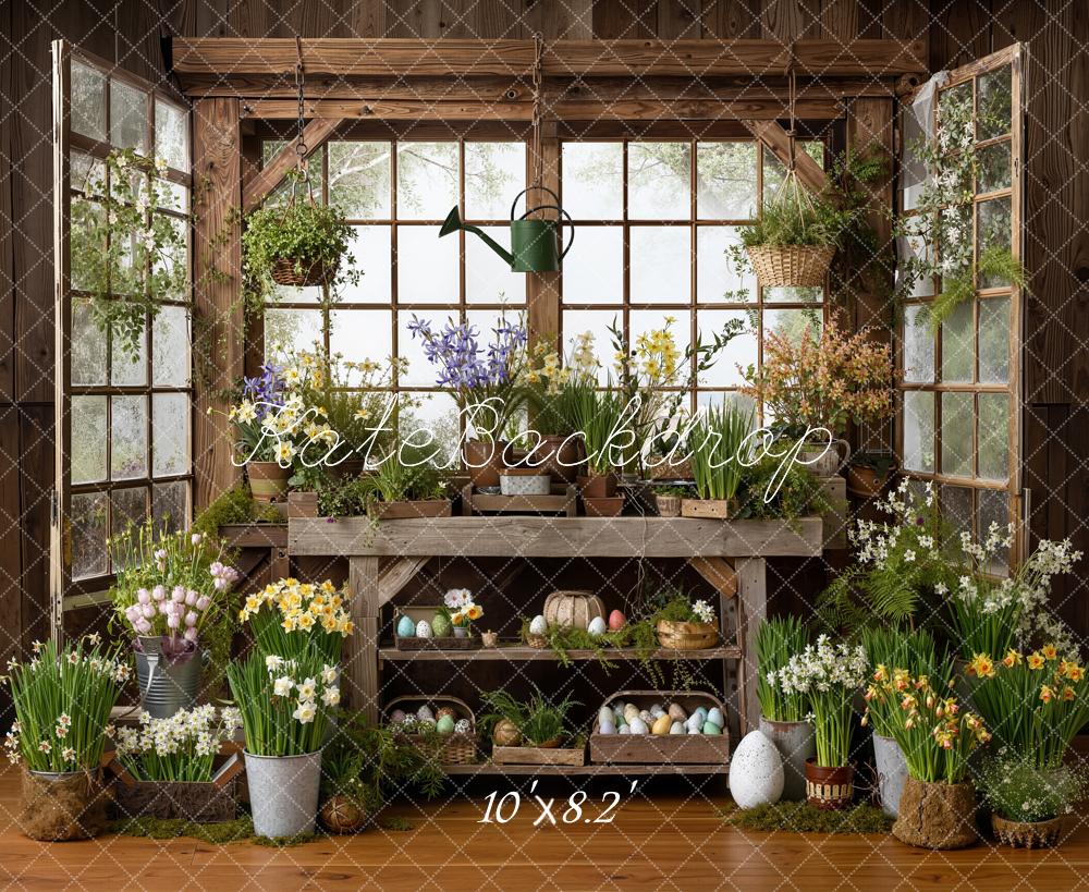 Kate Easter Bunny Floral Eggs Rustic Greenhouse Backdrop Designed by Emetselch