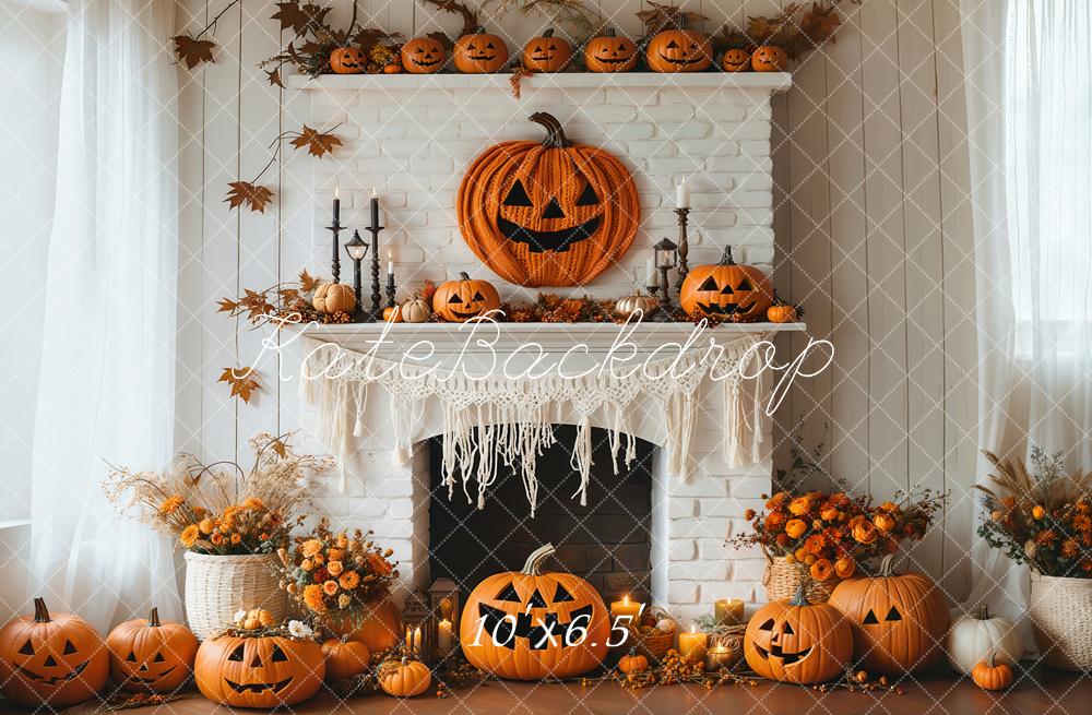 Halloween Pompoenen Openhaard Bloemen Witte Foto Achtergrond Designed by Emetselch