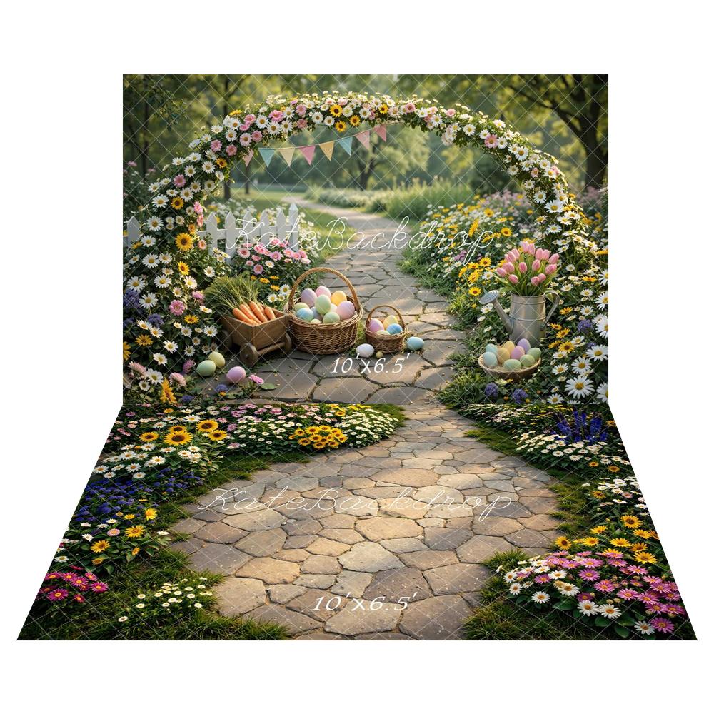 Kate Easter Bunny Flower Arch Garden Eggs Printed Backdrop+Spring Cobblestone Pathway Colorful Garden Flowers Floor Printed Backdrop