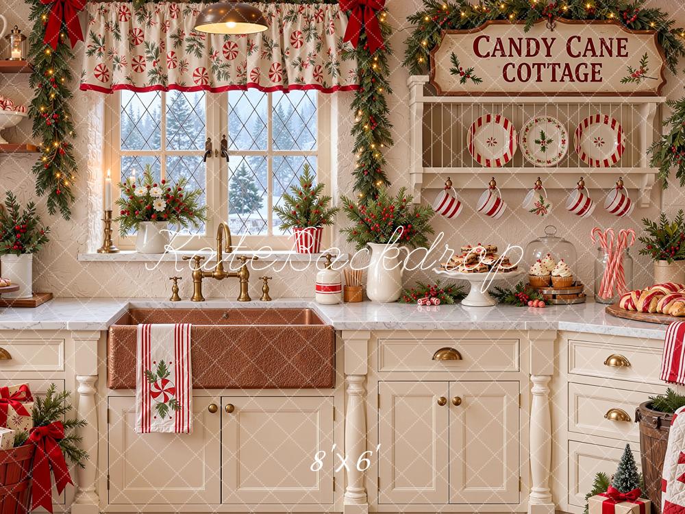 Kate Christmas Kitchen Cottage Candy Cane Rustic Window White Printed Backdrop Designed by Shutter Swan Studios