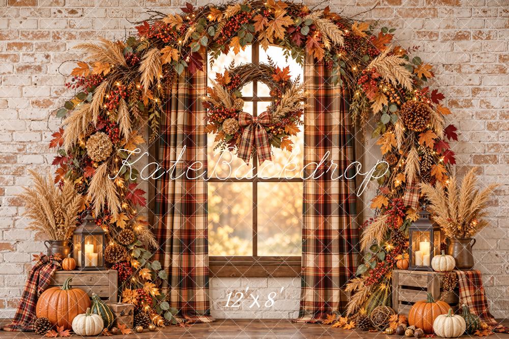 Kate Fall Pumpkin Garland Plaid Window Arch Printed Backdrop Designed by Emetselch