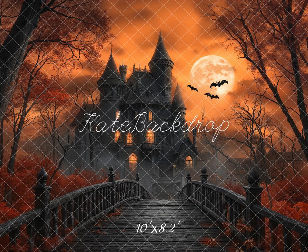 Kate Halloween Haunted Castle Bridge Full Moon Bats Orange Backdrop Designed by Emetselch