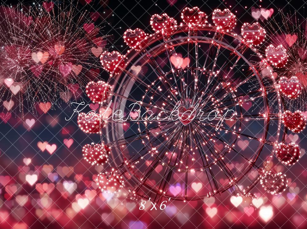Kate Valentine's Day Ferris Wheel Fireworks Red Hearts Backdrop Designed by Emetselch