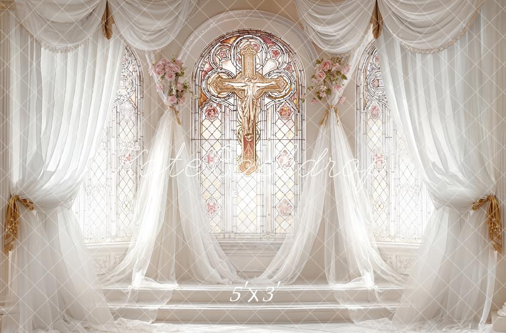 Kate Wedding Church Stained Glass Cross Drapes Flowers Backdrop Designed by Emetselch