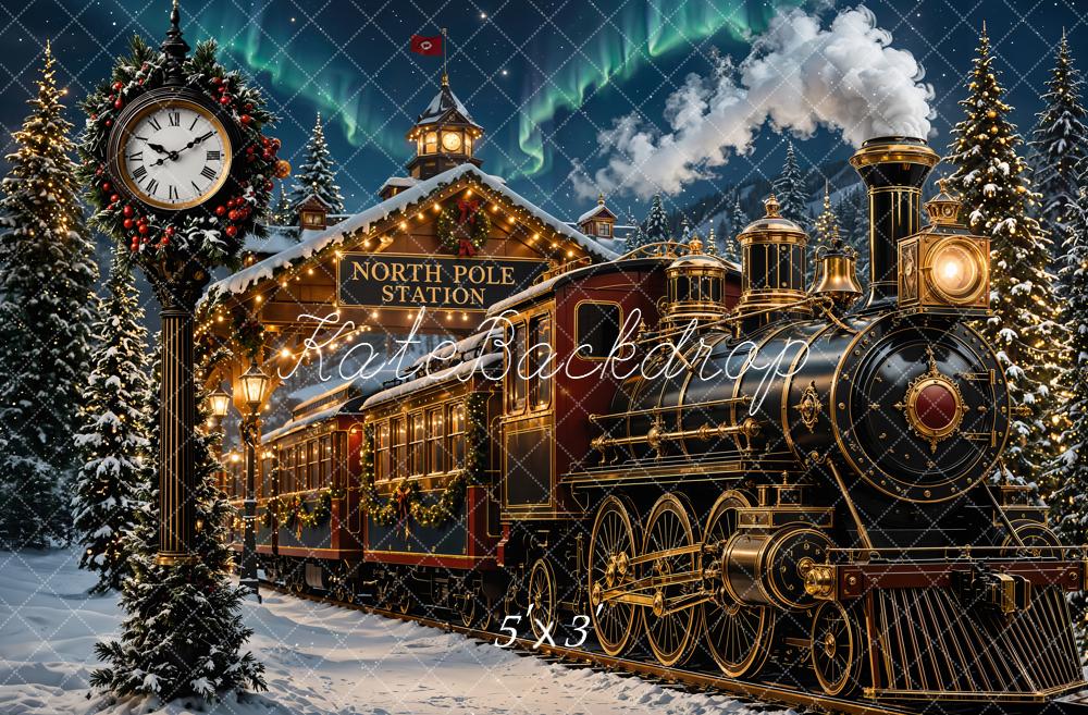 Kate Christmas Polar Train North Pole Station Snowy Trees Printed Backdrop Designed by Emetselch