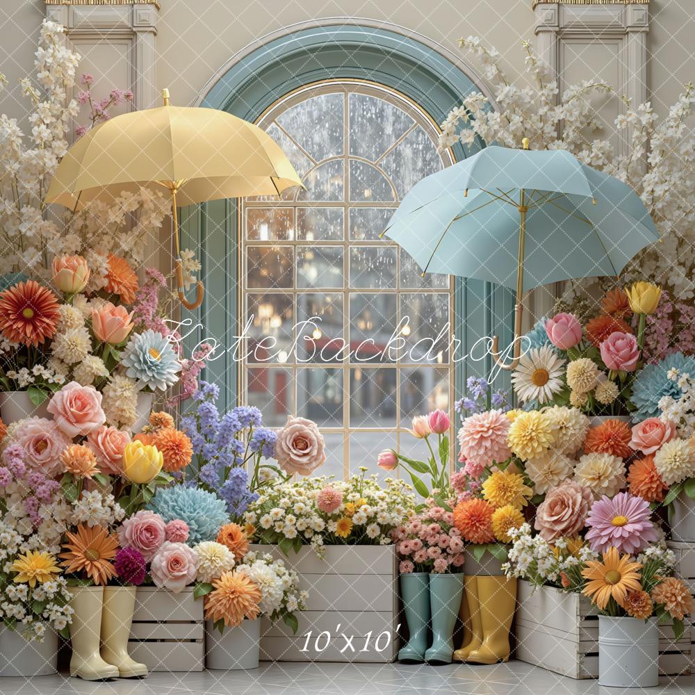 Kate Spring Flower Garden Umbrella Window Boots Printed Backdrop Designed by Mini MakeBelieve
