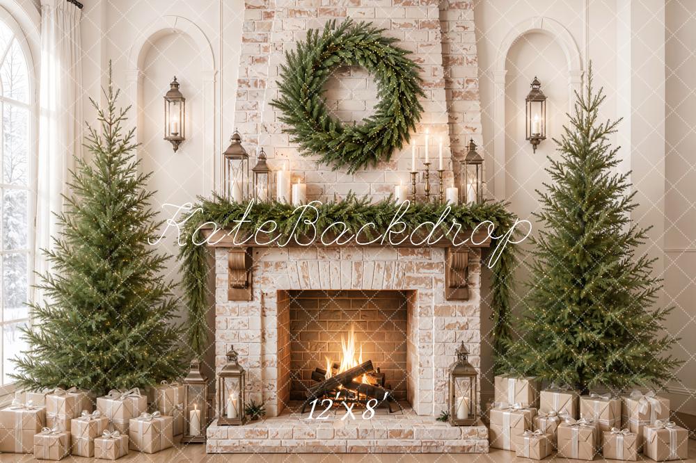 Kate Christmas Fireplace Wreath Evergreen Trees Gifts Printed Backdrop Designed by Emetselch