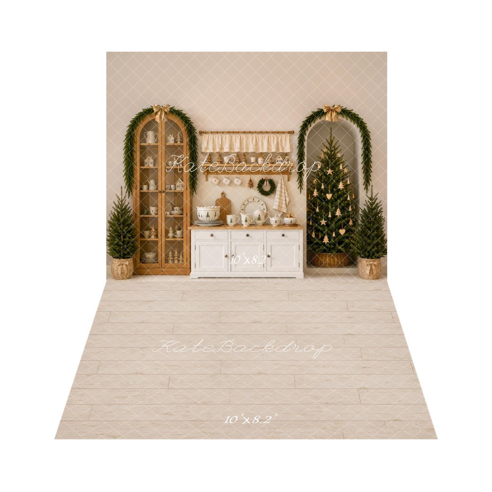 Kate Christmas Tree Modern Kitchen Cabinet Garland Gold Bow Printed Backdrop+Beige Wood Plank Floor Printed Backdrop