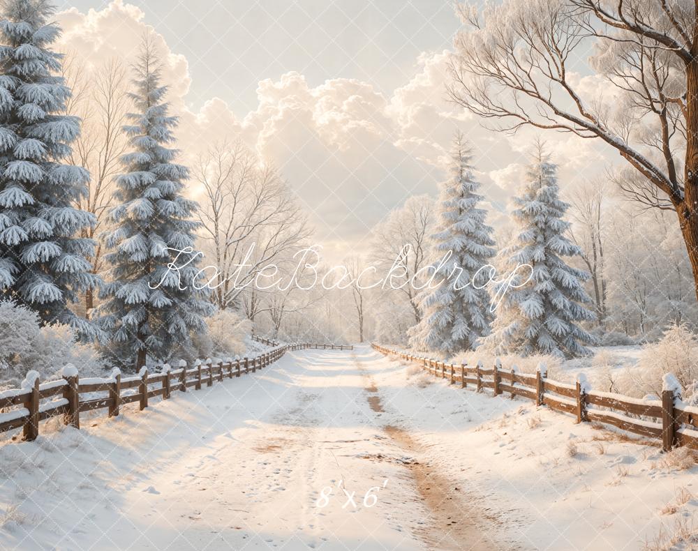 Kate Winter Snowy Road Pine Trees Fence Backdrop Designed by Emetselch