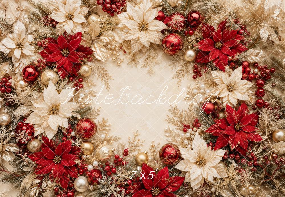 Kate Christmas Red Gold Poinsettia Wreath Ornaments Printed Backdrop Designed by Megan Leigh Photography