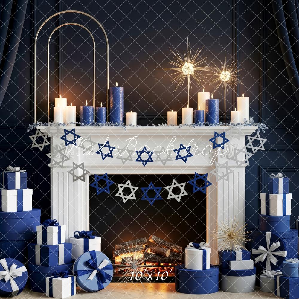 Kate Hanukkah Blue Fireplace Star of David Gift Boxes Backdrop Designed by Patty Roberts