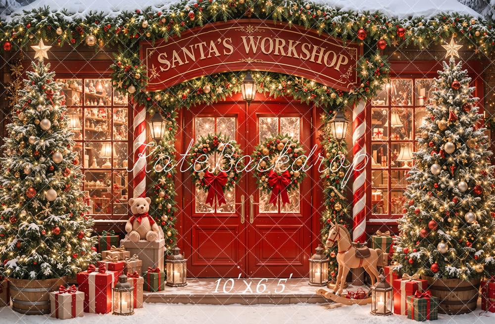 Kate Christmas Santa's Workshop Red Door Trees Presents Printed Backdrop Designed by Emetselch