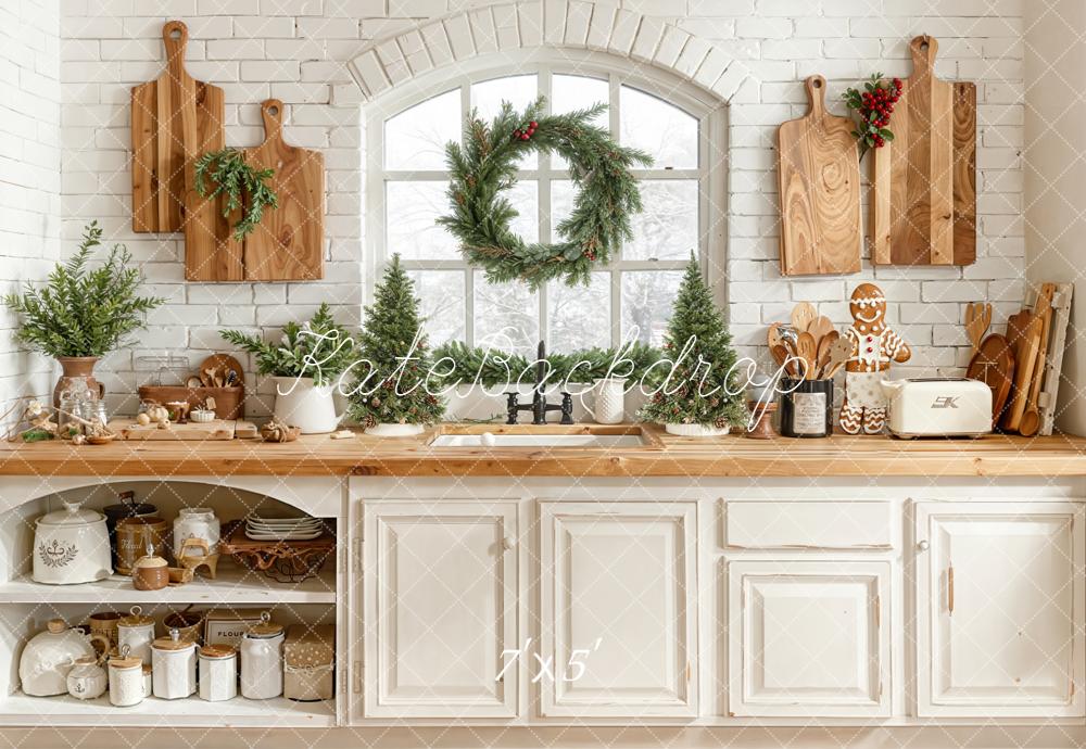 Kate Christmas Kitchen Cabinet Window Wreath Trees Wooden Cutting Boards Backdrop Designed by Emetselch