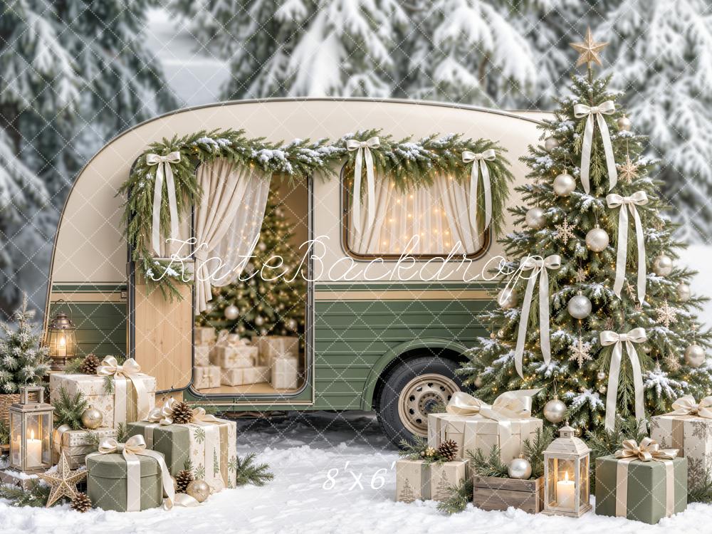 Kate Christmas Vintage Camper Tree Bows Snowy Forest Presents Printed Backdrop Designed by Emetselch