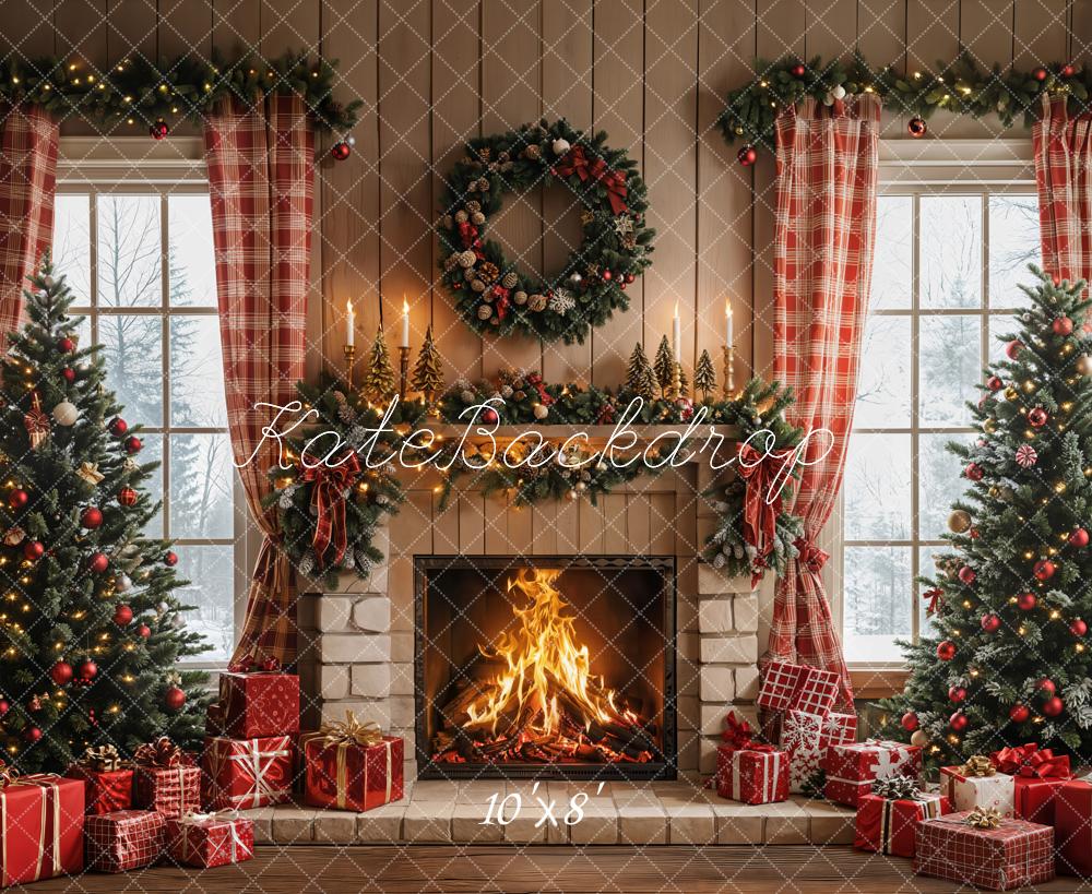 Kate Christmas Tree Fireplace Red Plaid Curtains Gifts Backdrop Designed by Emetselch