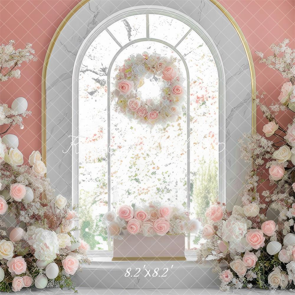 Fondo Rosa Floral de Ventana de Conejo de Pascua Diseñado por Mini MakeBelieve