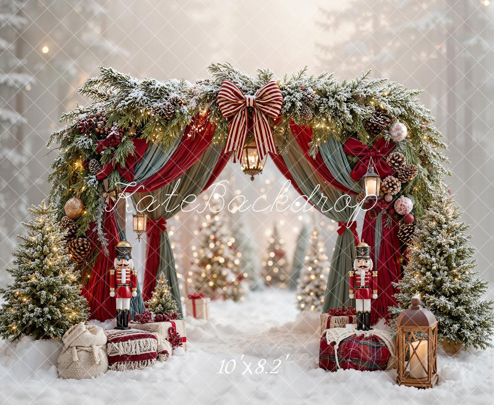 Kate Christmas Arch Bow Drapes Nutcracker Lanterns Trees Snow Printed Backdrop Designed by Emetselch