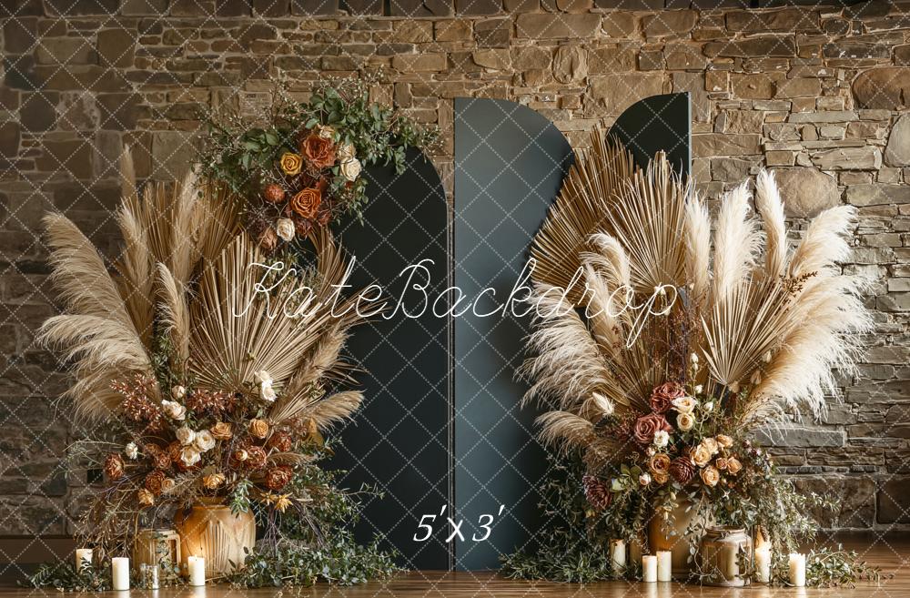 Kate Mother's Day Boho Pampas Grass Dried Flowers Stone Wall Backdrop Designed by Emetselch