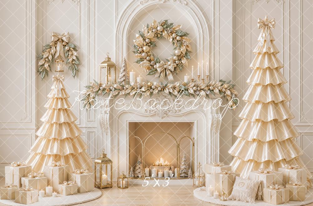 Kate Christmas White Fireplace Wreath Satin Trees Printed Backdrop Designed by Emetselch