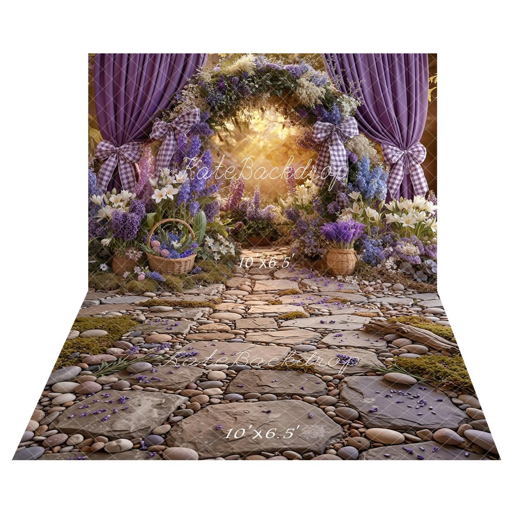 Kate Spring Flower Arch Purple Curtains Baskets Pathway Printed Backdrop+Cobblestone Path Moss Pebbles Driftwood Printed Backdrop