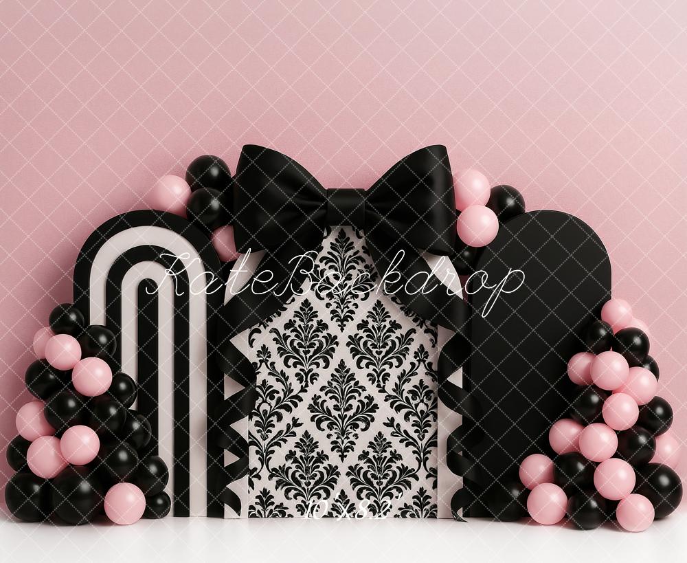 Kate Cake Smash Pink Black Bow Luxury Balloon Backdrop Designed by Ashley Paul