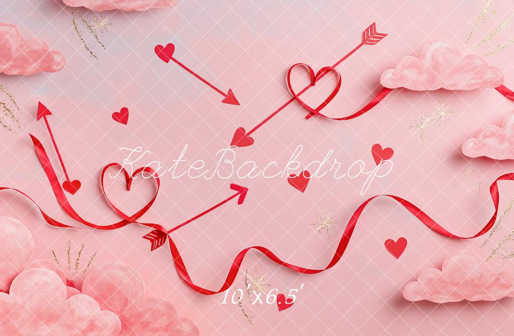 Kate Valentine's Day Pink Hearts Arrows Ribbon Clouds Printed Backdrop Designed by Angela Miller