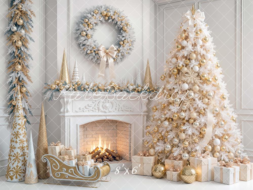 Kate Christmas White Tree Gold Decorations Fireplace Presents Sleigh Printed Backdrop Designed by Mini MakeBelieve