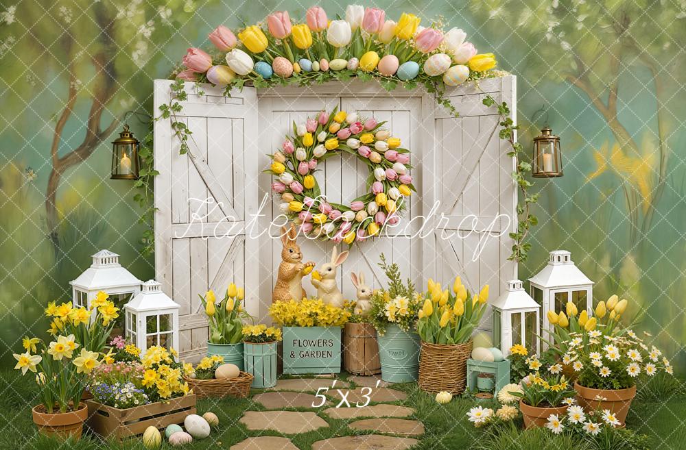 Kate Easter Bunny Tulip Wreath Garden Door Printed Backdrop Designed by Chain Photography