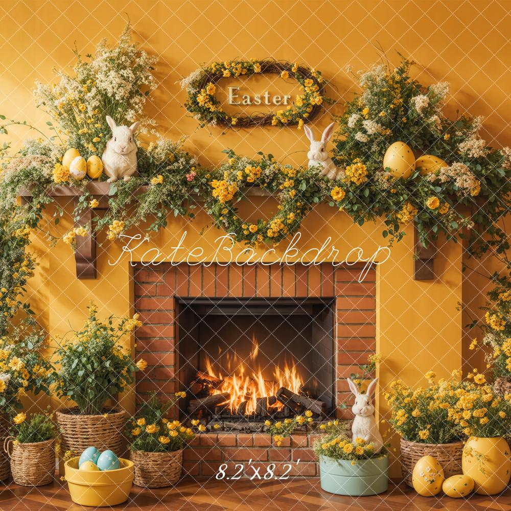 Kate Easter Bunny Eggs Yellow Flowers Fireplace Backdrop Designed by Emetselch